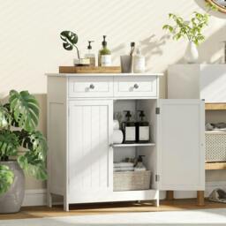 Rackhams 75x60cm Freestanding Bathroom Storage Cabinet Unit w/ 2 Drawers Cupboard Adjustable Shelf Metal Handles Traditional Style White - thumbnail 2