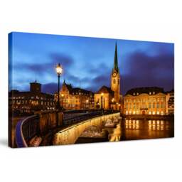 Rackhams Fraumünster Church Print LED Canvas, Zurich Scene with 8 LED Lights, 60 x 40 cm, Stretched Wooden Frame