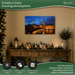 Rackhams Fraumünster Church Print LED Canvas, Zurich Scene with 8 LED Lights, 60 x 40 cm, Stretched Wooden Frame - thumbnail 2