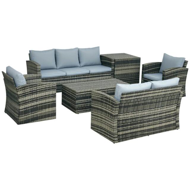 Rackhams 6 Pieces Rattan Garden Furniture Set, 7 Seater Wicker Outdoor Furniture Set with Storage Tea Table & Side Table, Sectional Garden Sofa Set, Grey