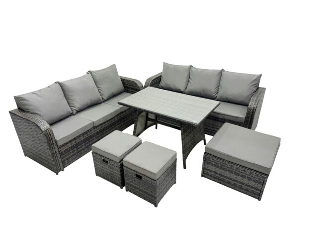 Rackhams Garden Rattan Outdoor Furniture Set 9 Seater with 3 Seater Sofa 3 Stools Dark Grey - image 1