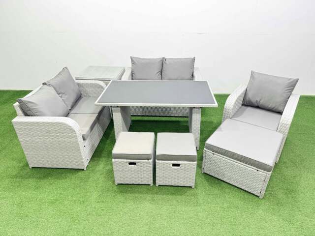 Rackhams Rattan Sofa Outdoor Furniture with Dining Table,Side Table,Love Sofa,3 Stools Patio Furniture Light Grey 8 Seater - image 1