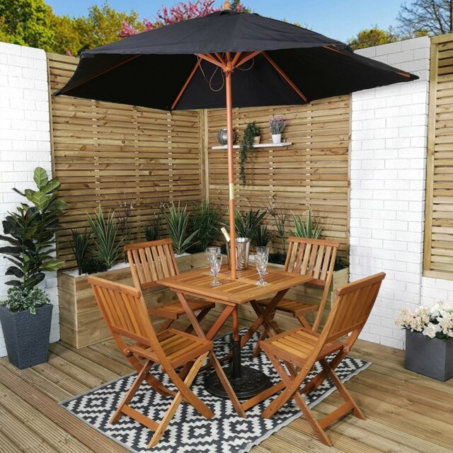 Rackhams Outdoor 4 Person Folding Square Wooden Garden Patio Dining Table Chairs Parasol and Base Set - Outdoor Furniture Sets - image 1