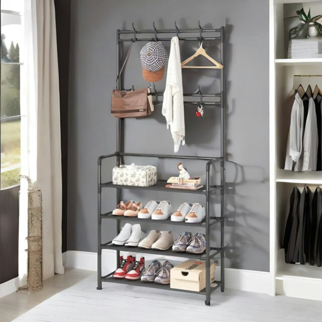 Rackhams Industrial Metal Hall Tree Shoe Rack with Clothes Hangers Black - image 1