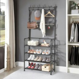 Rackhams Industrial Metal Hall Tree Shoe Rack with Clothes Hangers Black