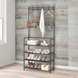 Rackhams Industrial Metal Hall Tree Shoe Rack with Clothes Hangers Black - thumbnail 2