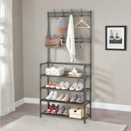 Rackhams Industrial Metal Hall Tree Shoe Rack with Clothes Hangers Black - thumbnail 4