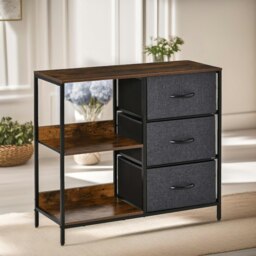Rackhams Bedroom Chest Dresser With 3 Fabric Drawers And Shelves Rustic Brown
