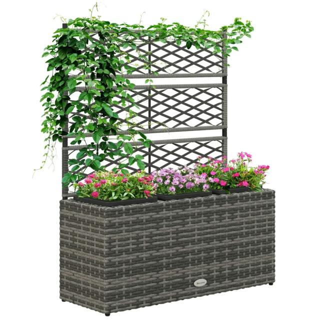 Rackhams 33L Garden PE Rattan Planter with Trellis, Free Standing Flower Raised Bed for Garden, Garden Planter for Climbing Plants, Light Grey - image 1