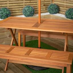 Rackhams Outdoor 4 Person Rectangular Wooden Garden Dining Table, 2 Benches with Black Parasol and Base Set - Outdoor Furniture Sets - thumbnail 3