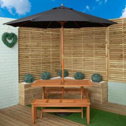 Rackhams Outdoor 4 Person Rectangular Wooden Garden Dining Table, 2 Benches with Black Parasol and Base Set - Outdoor Furniture Sets - thumbnail 1