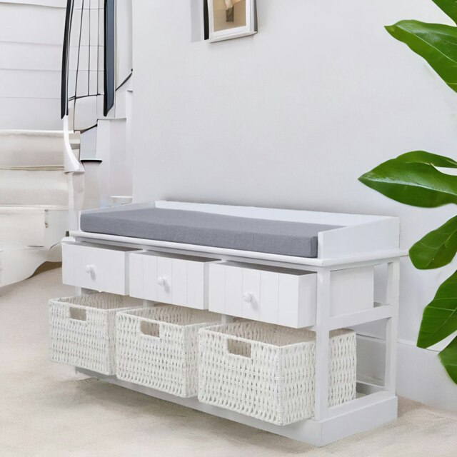 Rackhams Shoe Storage Bench With Cushioned Seat And 6 Drawers White - image 1