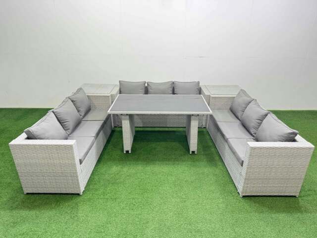Rackhams Patio Outdoor Garden Furniture Sets with Black Glass Top Dining Table 3 Seater Sofa Light Grey - image 1