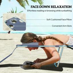 Rackhams Foldable Sun Lounger, Beach Chaise Lounge with Reading Hole, Arm Slots, 5-Position Adjustable Backrest, Side Pocket, Pillow, Grey - thumbnail 5