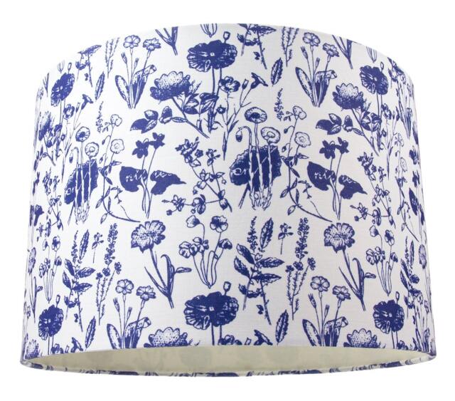 "Rackhams White Cotton 12"" Drum Lamp Shade with Blue Floral Decoration and Inner Lining" - image 1