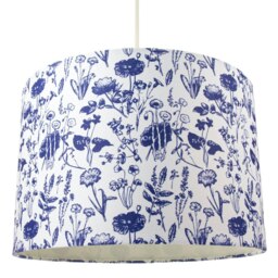 "Rackhams White Cotton 12"" Drum Lamp Shade with Blue Floral Decoration and Inner Lining" - thumbnail 2