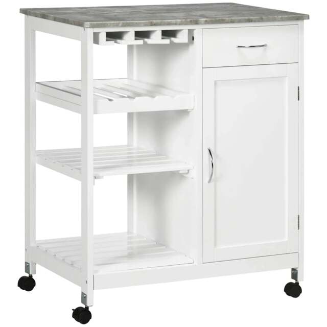 Rackhams Compact Kitchen Trolley Utility Cart on Wheels with Wine Rack, Drawer, Open Shelf and Storage Cabinet for Dining Room, White - image 1