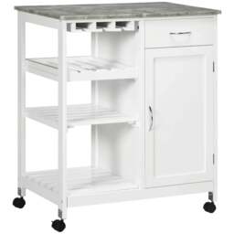 Rackhams Compact Kitchen Trolley Utility Cart on Wheels with Wine Rack, Drawer, Open Shelf and Storage Cabinet for Dining Room, White - thumbnail 1