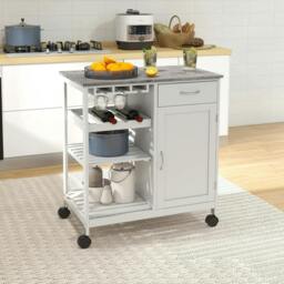 Rackhams Compact Kitchen Trolley Utility Cart on Wheels with Wine Rack, Drawer, Open Shelf and Storage Cabinet for Dining Room, White - thumbnail 2