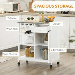 Rackhams Compact Kitchen Trolley Utility Cart on Wheels with Wine Rack, Drawer, Open Shelf and Storage Cabinet for Dining Room, White - thumbnail 5