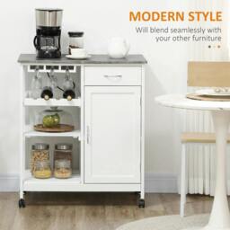 Rackhams Compact Kitchen Trolley Utility Cart on Wheels with Wine Rack, Drawer, Open Shelf and Storage Cabinet for Dining Room, White - thumbnail 4
