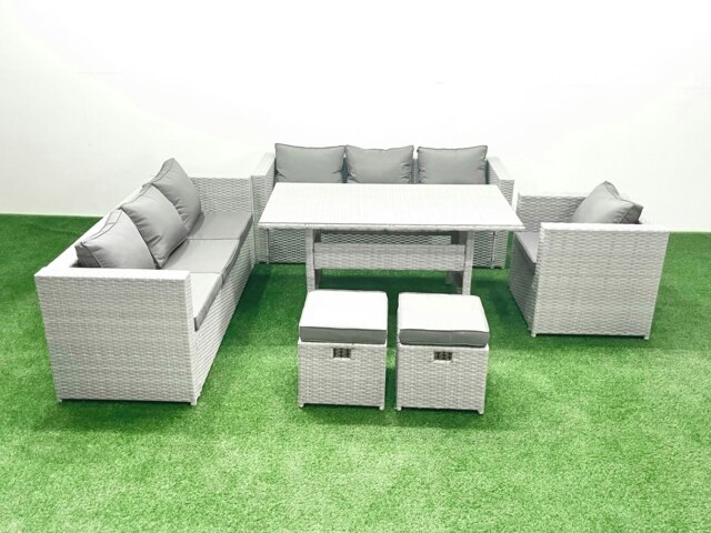 Rackhams 6 Pieces Outdoor Rattan Sofa Set with Cushions Patio Garden Furniture Sets with Armchair Dining Table 2 Small Footstools - image 1