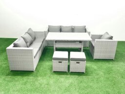 Rackhams 6 Pieces Outdoor Rattan Sofa Set with Cushions Patio Garden Furniture Sets with Armchair Dining Table 2 Small Footstools - thumbnail 1