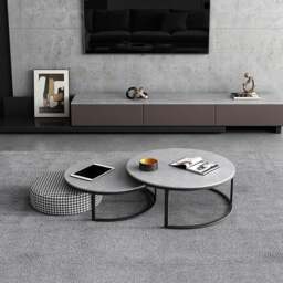 Rackhams Lvinta Grey Round Nesting Coffee Table, Gold Base - 70cm+80cm - Option D ( Both Black ) With Gold Base