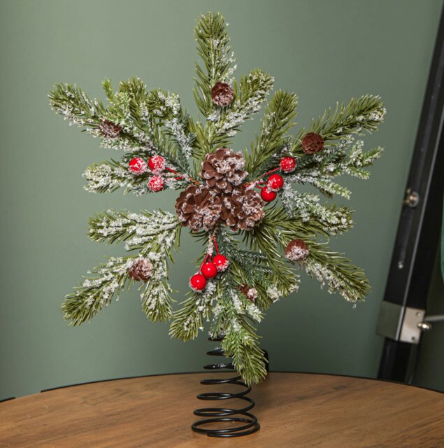 Rackhams 33cm Christmas Tree Topper with Pinecones, Red Berries and Frosted Seasonal Foliage - image 1
