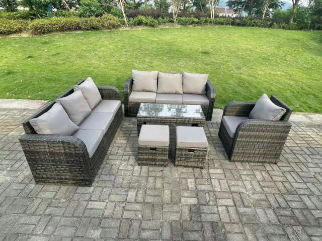 Rackhams 9 Seater Dark Grey PE Wicker Rattan Garden Furniture Set Reclining Chair Lounge 3 Seater Sofa Set Outdoor Rectangular Coffee Table Stools - image 1