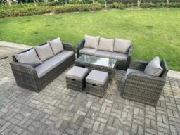 Rackhams 9 Seater Dark Grey PE Wicker Rattan Garden Furniture Set Reclining Chair Lounge 3 Seater Sofa Set Outdoor Rectangular Coffee Table Stools - thumbnail 2