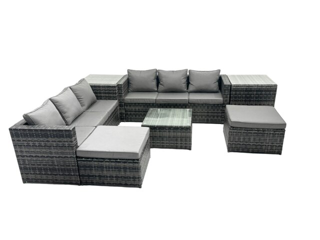 Rackhams Outdoor Rattan Garden Furniture Set 8 Seater Patio Lounge Sofa Set with Square Coffee Table 2 Side Tables 2 Big Footstools Dark Grey Mixed - image 1