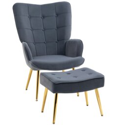 Rackhams Button Tufted Armchair with Footstool and Gold Legs - Blue - Steel, Foam, Velvet(100% polyester) - thumbnail 6
