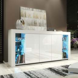 Rackhams Exclusive 164cm High Gloss White Sideboard TV Cabinet & Free LED Lights Modern Design - 164 cm - White Matt Body & White Gloss Doors - Sideboard