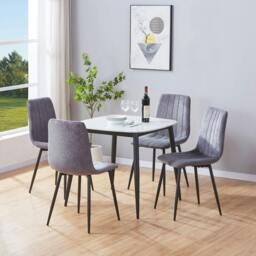 Rackhams Aspen Dining Set - White Sintered Stone Square Table & 4 Straight Stitch Dining Chairs - Grey