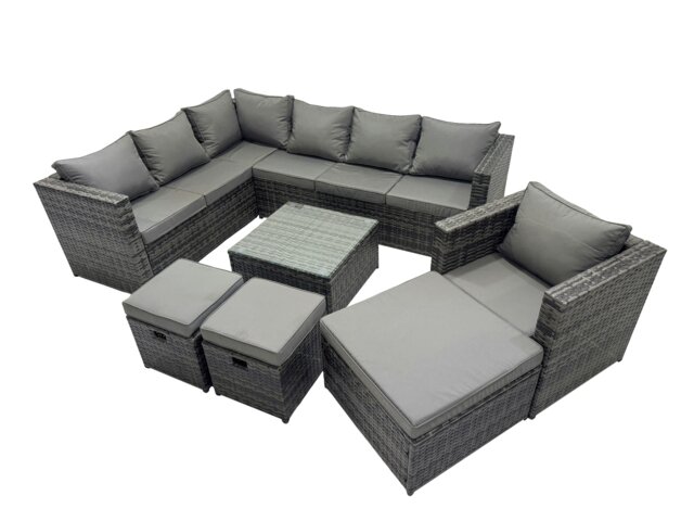 Rackhams Rattan Garden Furniture Patio Furniture Sets with Corner Sofa Chair Square Coffee Table 3 Footstools Dark Grey Mixed - image 1