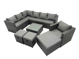Rackhams Rattan Garden Furniture Patio Furniture Sets with Corner Sofa Chair Square Coffee Table 3 Footstools Dark Grey Mixed - thumbnail 1