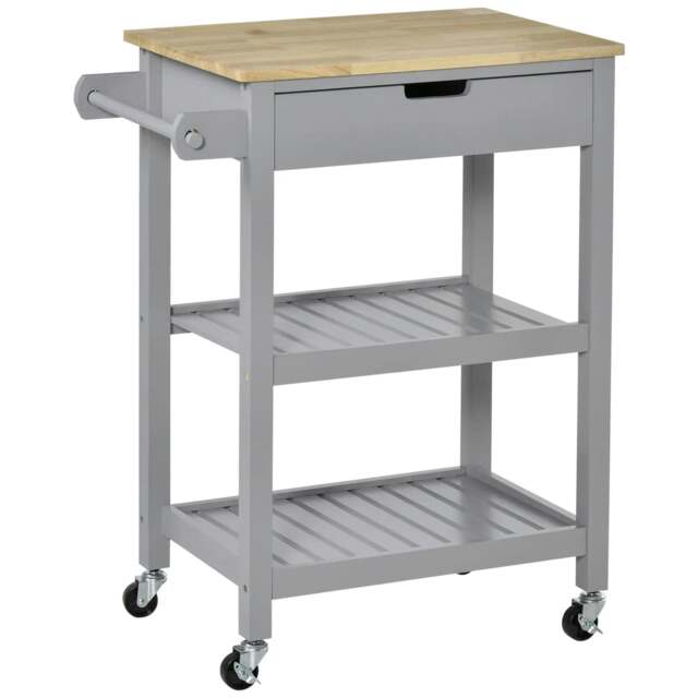 Rackhams Kitchen Trolley Utility Cart on Wheels with Rubberwood Worktop, Towel Rack, Storage Shelves & Drawer for Dining Room, Grey - image 1