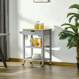 Rackhams Kitchen Trolley Utility Cart on Wheels with Rubberwood Worktop, Towel Rack, Storage Shelves & Drawer for Dining Room, Grey - thumbnail 2