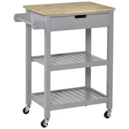 Rackhams Kitchen Trolley Utility Cart on Wheels with Rubberwood Worktop, Towel Rack, Storage Shelves & Drawer for Dining Room, Grey - thumbnail 1