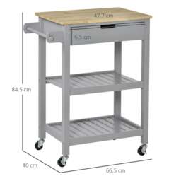 Rackhams Kitchen Trolley Utility Cart on Wheels with Rubberwood Worktop, Towel Rack, Storage Shelves & Drawer for Dining Room, Grey - thumbnail 3