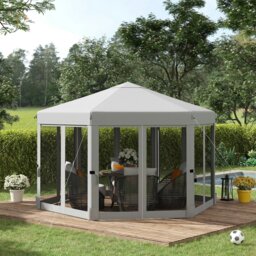 Rackhams 3.2m Pop Up Gazebo Hexagonal Canopy Tent Outdoor w/Sidewalls Grey - Light Grey - Steel, Polyester - 380cm x 320cm x 265cm - thumbnail 1