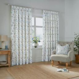 Rackhams Lined Meadow Pencil Pleat Curtains - White/Cornflower - 229cm x 168cm - White/Cornflower - 100% Cotton