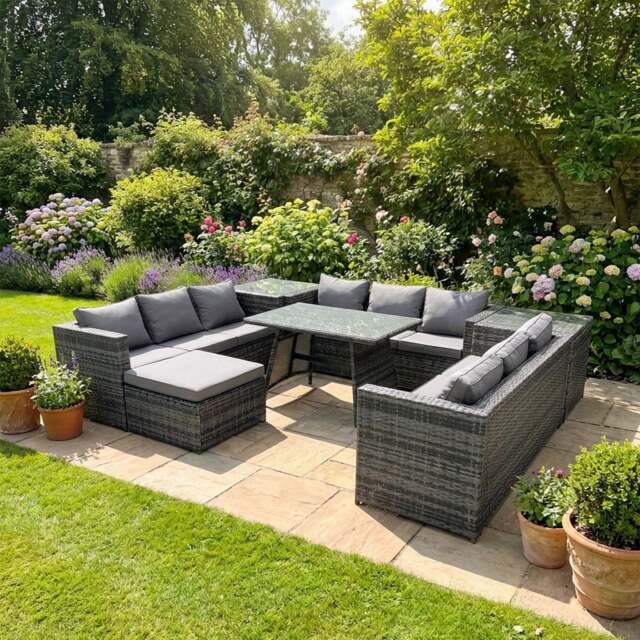 Rackhams Rattan 10 Seater Outdoor Garden Furniture Set with U Shape Sofa, Dining Table, 2 Side Tables & Footstool - Dark Grey - image 1