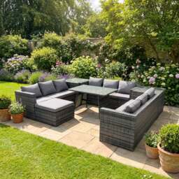 Rackhams Rattan 10 Seater Outdoor Garden Furniture Set with U Shape Sofa, Dining Table, 2 Side Tables & Footstool - Dark Grey - thumbnail 1