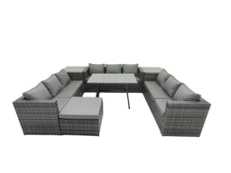 Rackhams Rattan 10 Seater Outdoor Garden Furniture Set with U Shape Sofa, Dining Table, 2 Side Tables & Footstool - Dark Grey - thumbnail 3