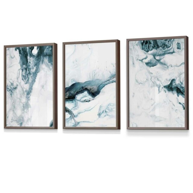 Rackhams Abstract Teal and White Set of 3 Framed Wall Art - 30x42cm (A3) - Light Walnut - image 1