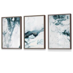 Rackhams Abstract Teal and White Set of 3 Framed Wall Art - 30x42cm (A3) - Light Walnut - thumbnail 1