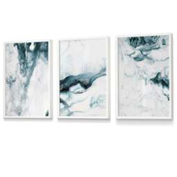 Rackhams Abstract Teal and White Set of 3 Framed Wall Art - 30x42cm (A3) - Light Walnut - thumbnail 3