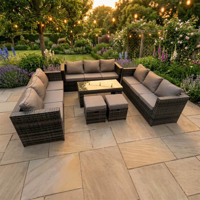 Rackhams 11 Seater Rattan Garden Furniture Set with Rectangular Coffee Table, 3 Sofas & 2 Stools - Dark Grey - image 1